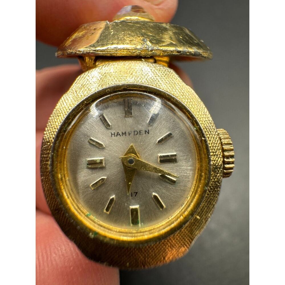 Vintage Hampden 17 Jewel Pendant Watch Hand Winding Gold Tone w/ AB Stone